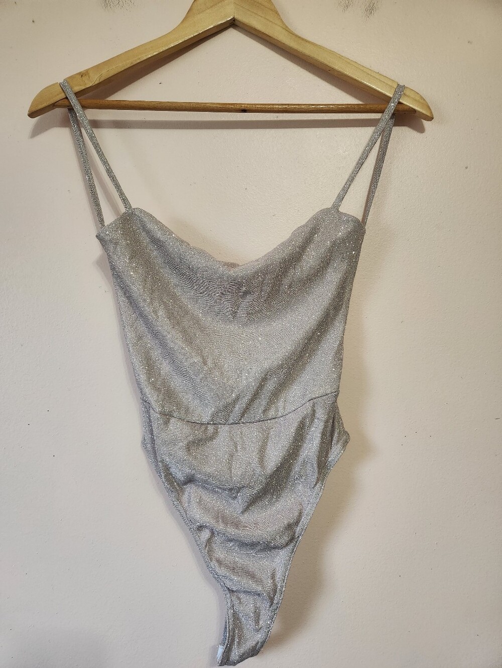 Nasty Gal Silver Shimmer Glam Open Back Caged Draped Bodysuit Size 6 EUC